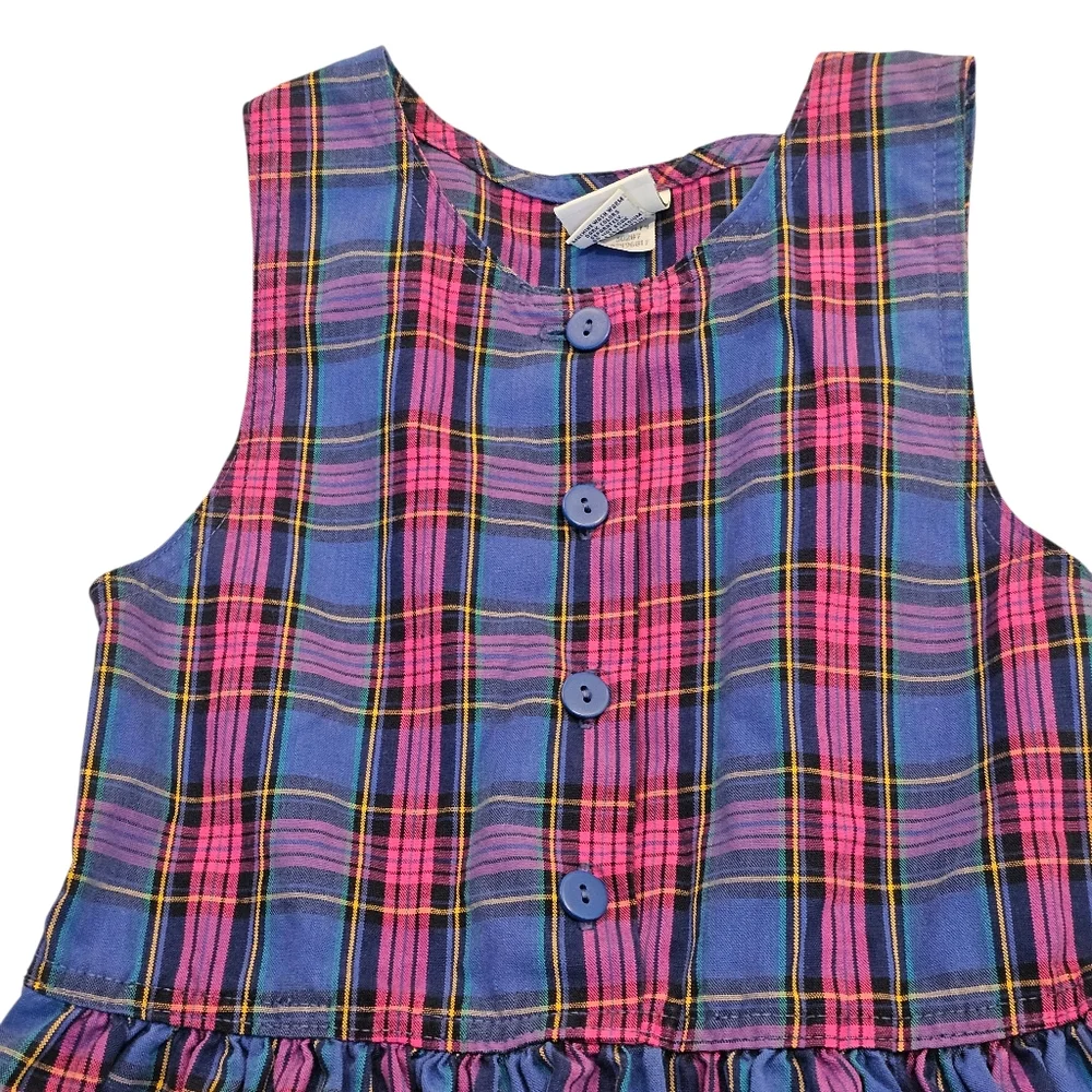 90s Oshkosh Plaid Dress Blue Pink Sz 6 Cotton USA‎ Sleeveless Knee Length